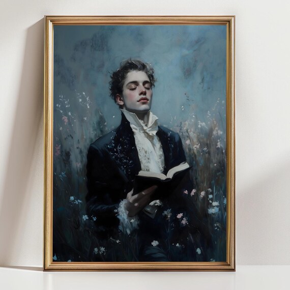 Young Victorian Gentleman Reading Book Moody Blue Floral Portrait Art Poster