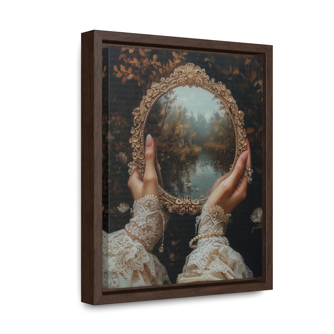 Hands Holding Ornate Mirror Reflecting Misty Autumn Pond Art Poster - Image 2