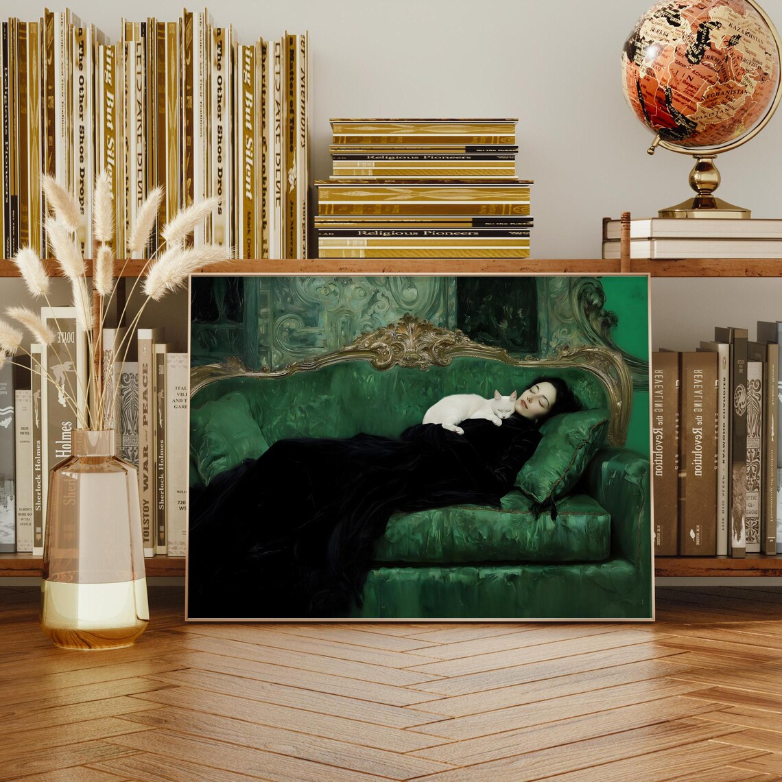 Woman Reclining with White Cat on Ornate Green Couch Art Poster - Image 3