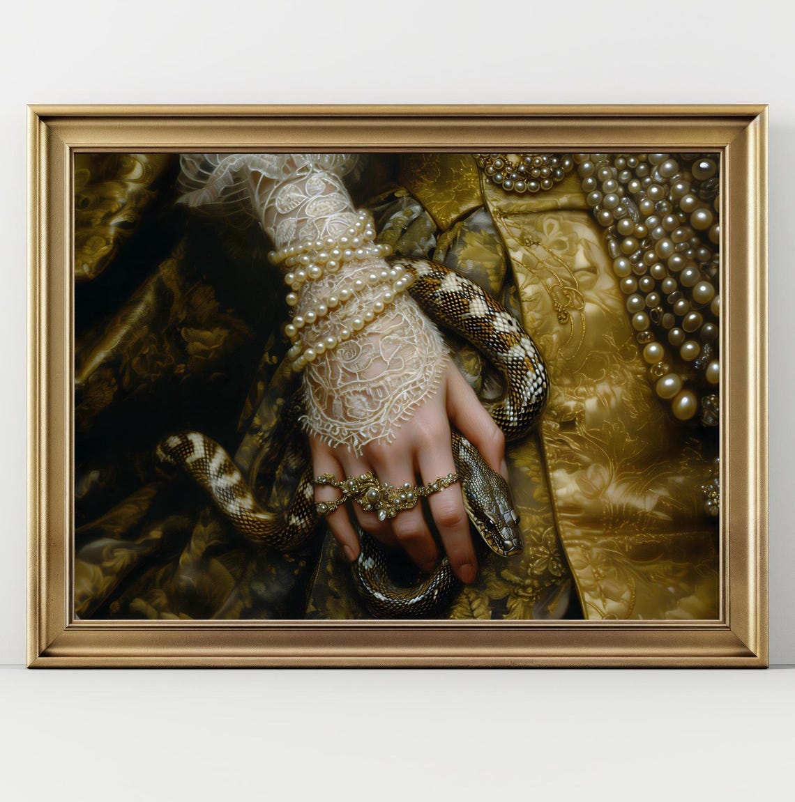 Woman Hand Holding Snake Pearls Gold Brocade Victorian Gothic Poster