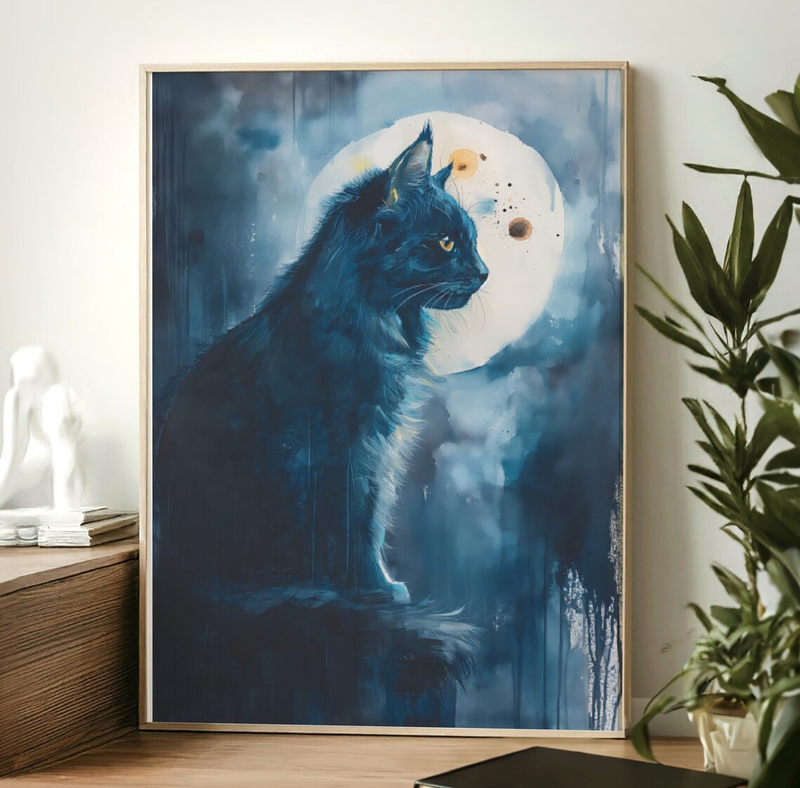 Black Cat Profile White Full Moon Blue Night Watercolor Moody Art Poster - Image 3