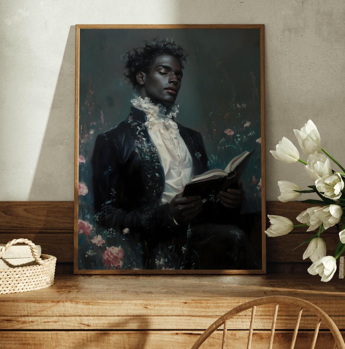 Black Victorian Gentleman Reading Book Pink Flower Field Dark Academia Poster - Image 3
