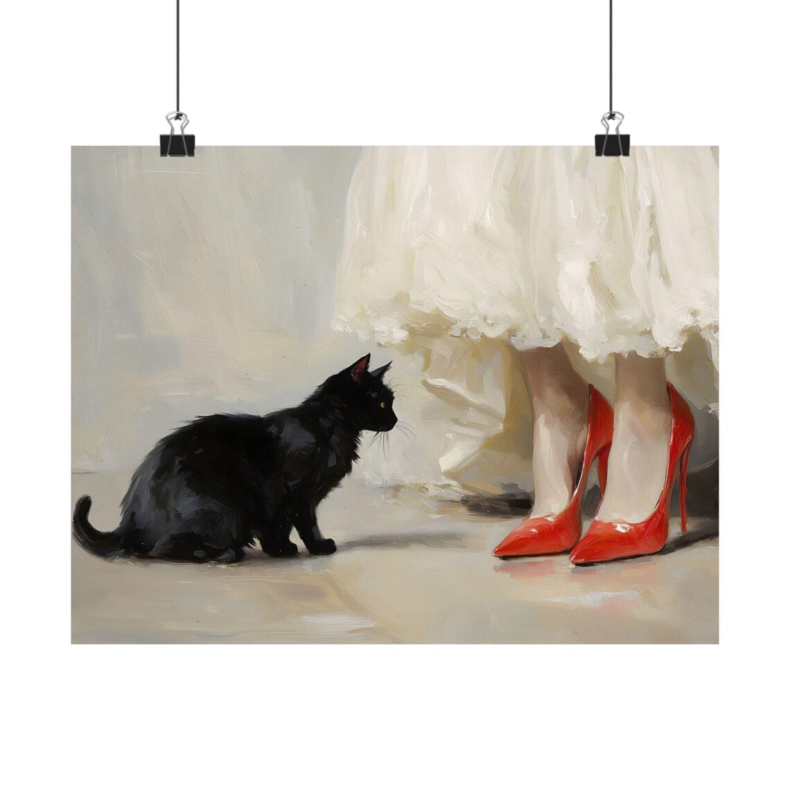 Black Cat And Woman Red Heels Vintage Style Oil Painting Wall Art Print - Image 2