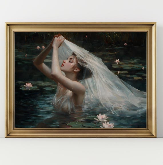 Ophelia Dark Academia Print The Lake Goth Moody Victorian Wall Art Dark Decor Aesthetic Dark Cottagecore Gothic Prints Into Lake