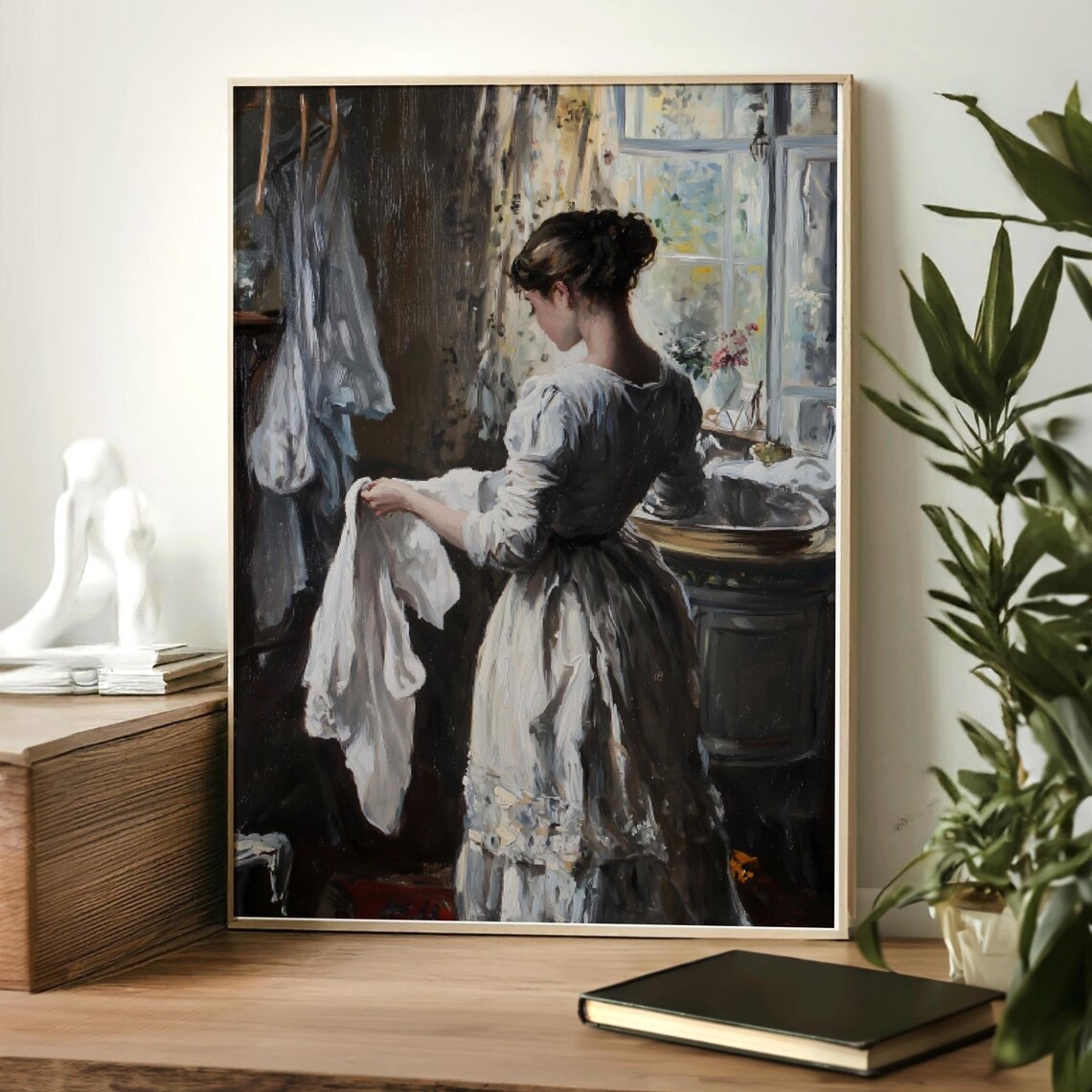 Victorian Maid Doing Laundry Moody Interior Impressionist Oil Painting Print - Image 3