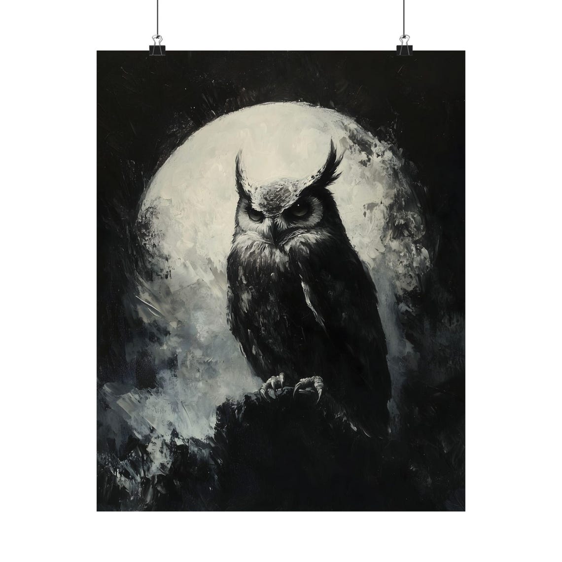 Great Horned Owl Under Full Moon Moody Black White Night Poster - Image 2
