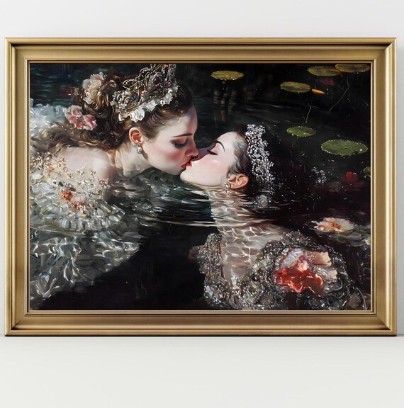 Crowned Queens Kissing In Lily Pond Water Dark Royal Romantic Sapphic Wall Art Poster