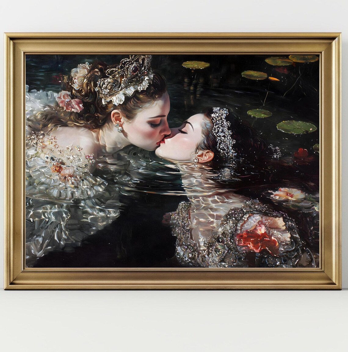 Crowned Queens Kissing In Lily Pond Water Dark Royal Romantic Sapphic Wall Art Poster