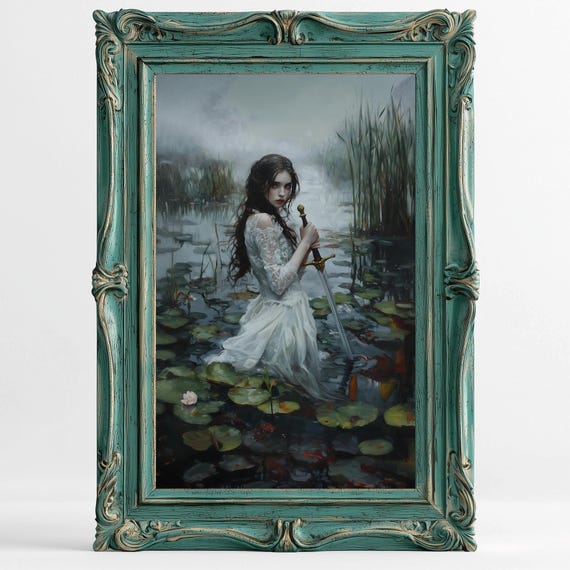 Female Knight Victorian Decor Dark Academia Print The Lake Goth Moody Victorian Wall Art Dark Decor Aesthetic Woman With Sword Print