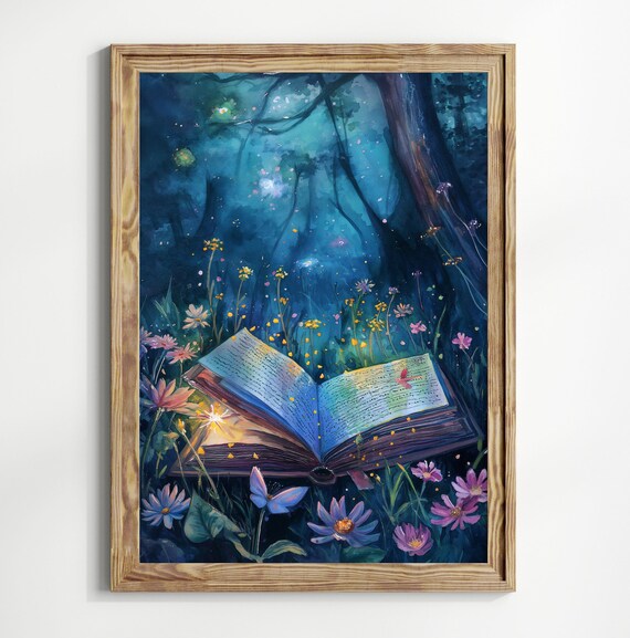 Glowing Magic Book In Enchanted Night Forest Wildflowers Dark Academia Art Poster