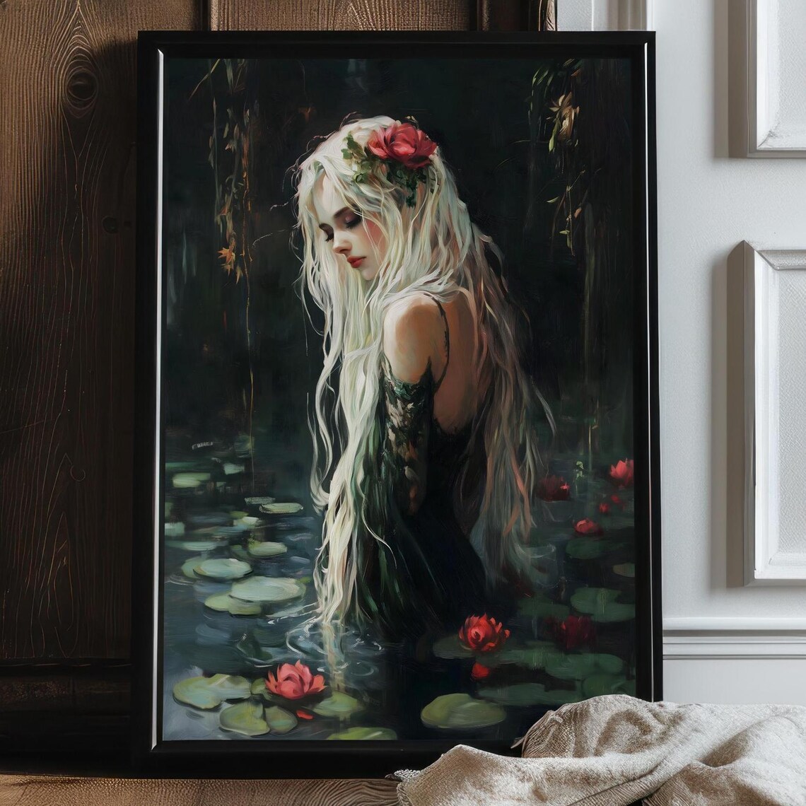 Ophelia Floating Among Water Lilies Dark Lake Dark Academia Art Poster