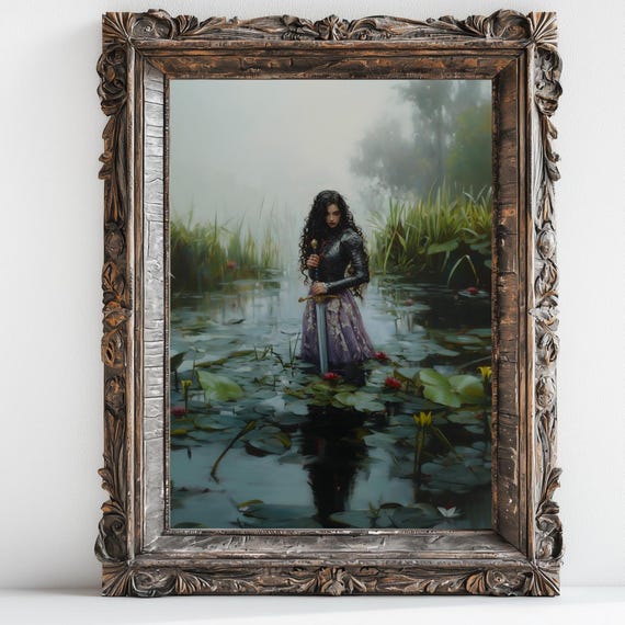 Female Knight Victorian Decor Dark Academia Print The Lake Goth Moody Victorian Wall Art Dark Decor Aesthetic Woman With Sword Print