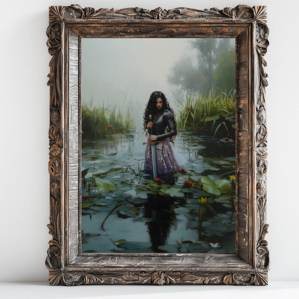 Armored Lady With Sword Standing in Misty Water Lily Pond Dark Print