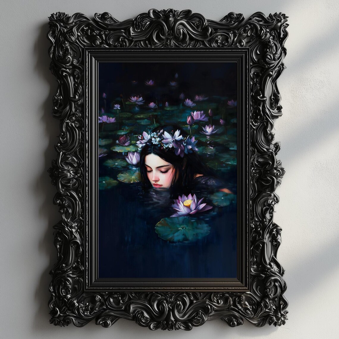 Woman With Flower Crown Floating In Night Lily Pond Dark Gothic Art Poster