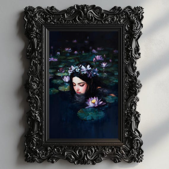 Ophelia Dark Academia Print The Lake Goth Moody Victorian Wall Art Dark Decor Aesthetic Dark Cottagecore Gothic Prints Into Lake