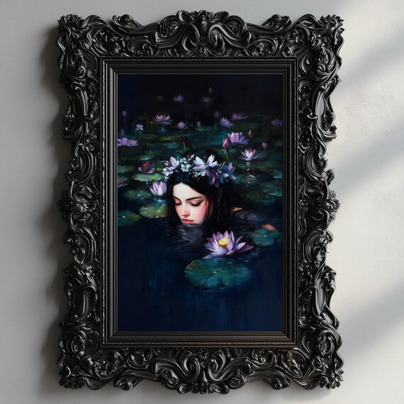 Woman With Flower Crown Floating In Night Lily Pond Dark Gothic Art Poster