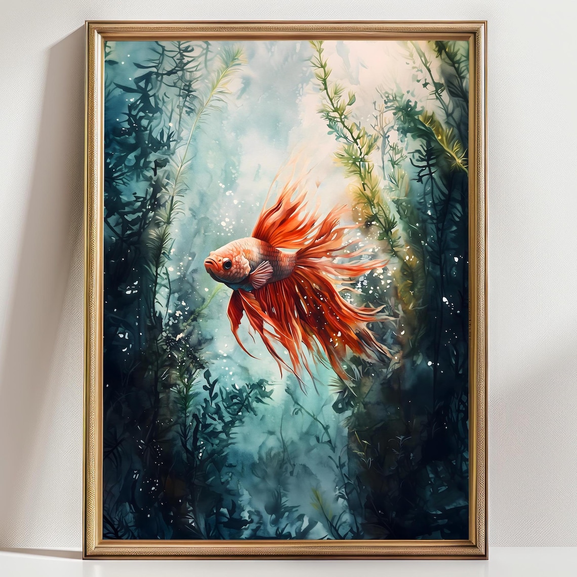 Red Orange Betta Fish Watercolor Aquarium Art Flowing Fins Wall Poster