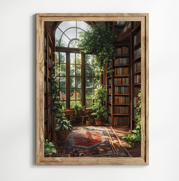Dark Academia Library And Plants Art Print Moody Enchanting Literature Dark Romantic Victorian Vintage Library Foliage Nostalgic Art
