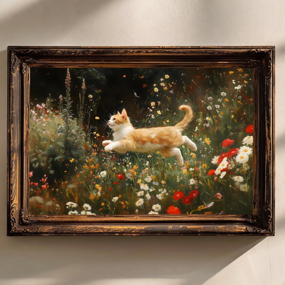 Playful Kitten Leaping In Wildflower Garden Vintage Oil Painting Poster