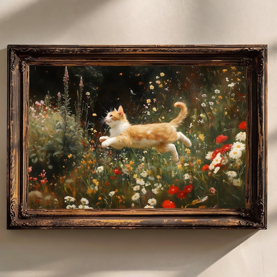 Playful Kitten Leaping In Wildflower Garden Vintage Oil Painting Poster