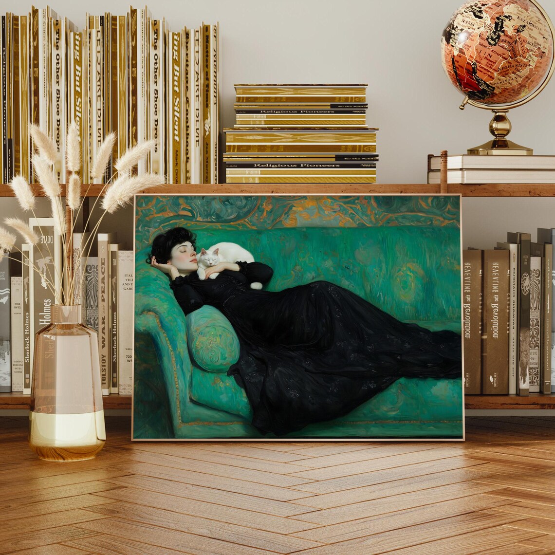 Woman in Black Dress with White Cat on Teal Sofa Goth Art Poster - Image 3