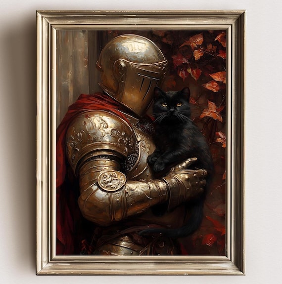 Knight In Golden Armor Holding Black Cat Autumn Leaves Dark Art Print