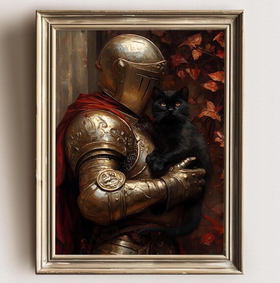 Medieval Knight With A Black Cat Art Print Knightcore Fantasy Art Fantasy Maximalist Decor Dark Academia Print Goth Moody Victorian Art