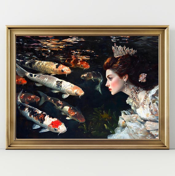 Swimming With Kois Dark Academia Print The Lake Goth Moody Victorian Wall Art Dark Decor Aesthetic Dark Cottagecore Gothic Prints