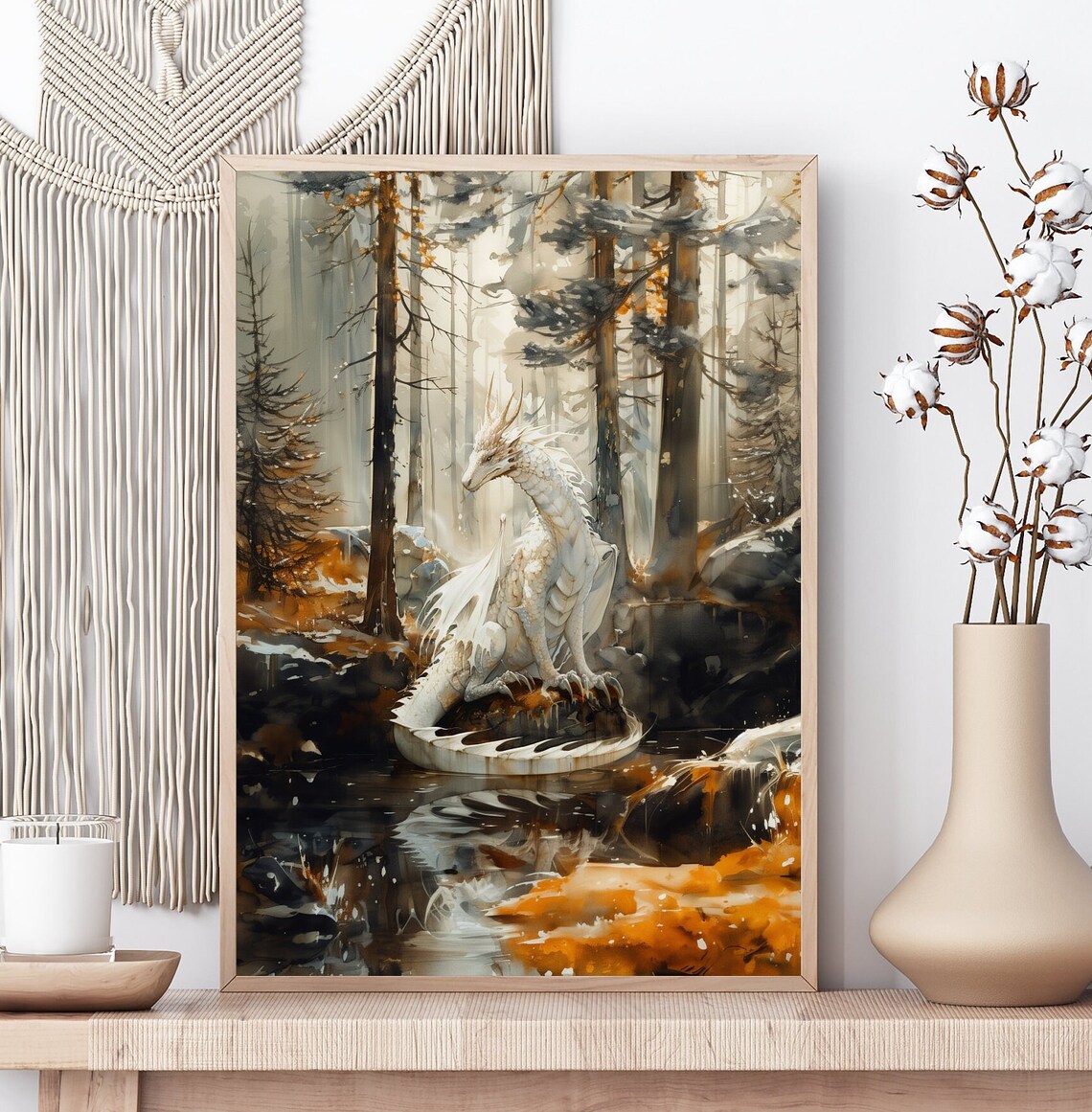 Forest White Dragon Watercolor Art Print, Dark Academia - Image 3