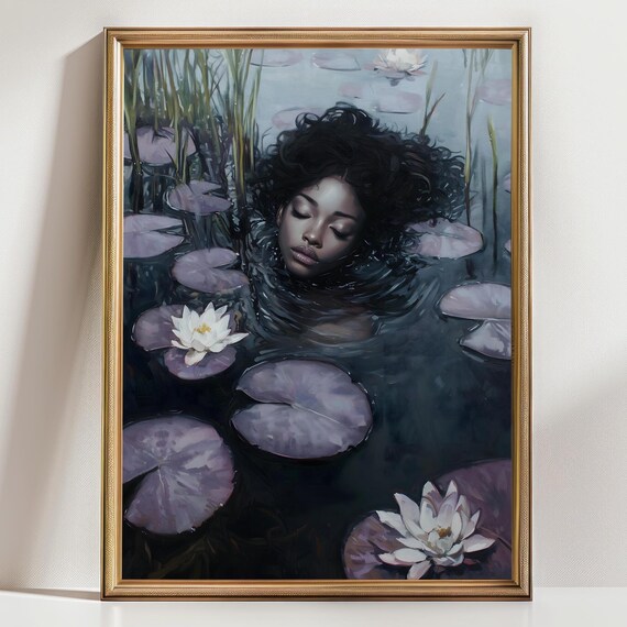 Black Ophelia Dark Curly Hair Woman White Lotus Lily Pond Gothic Poster