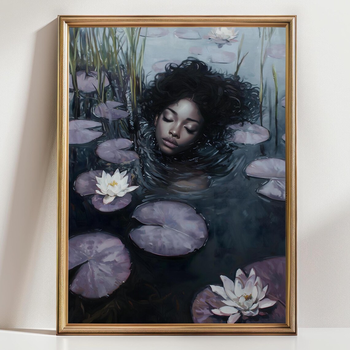 Black Ophelia Dark Curly Hair Woman White Lotus Lily Pond Gothic Poster