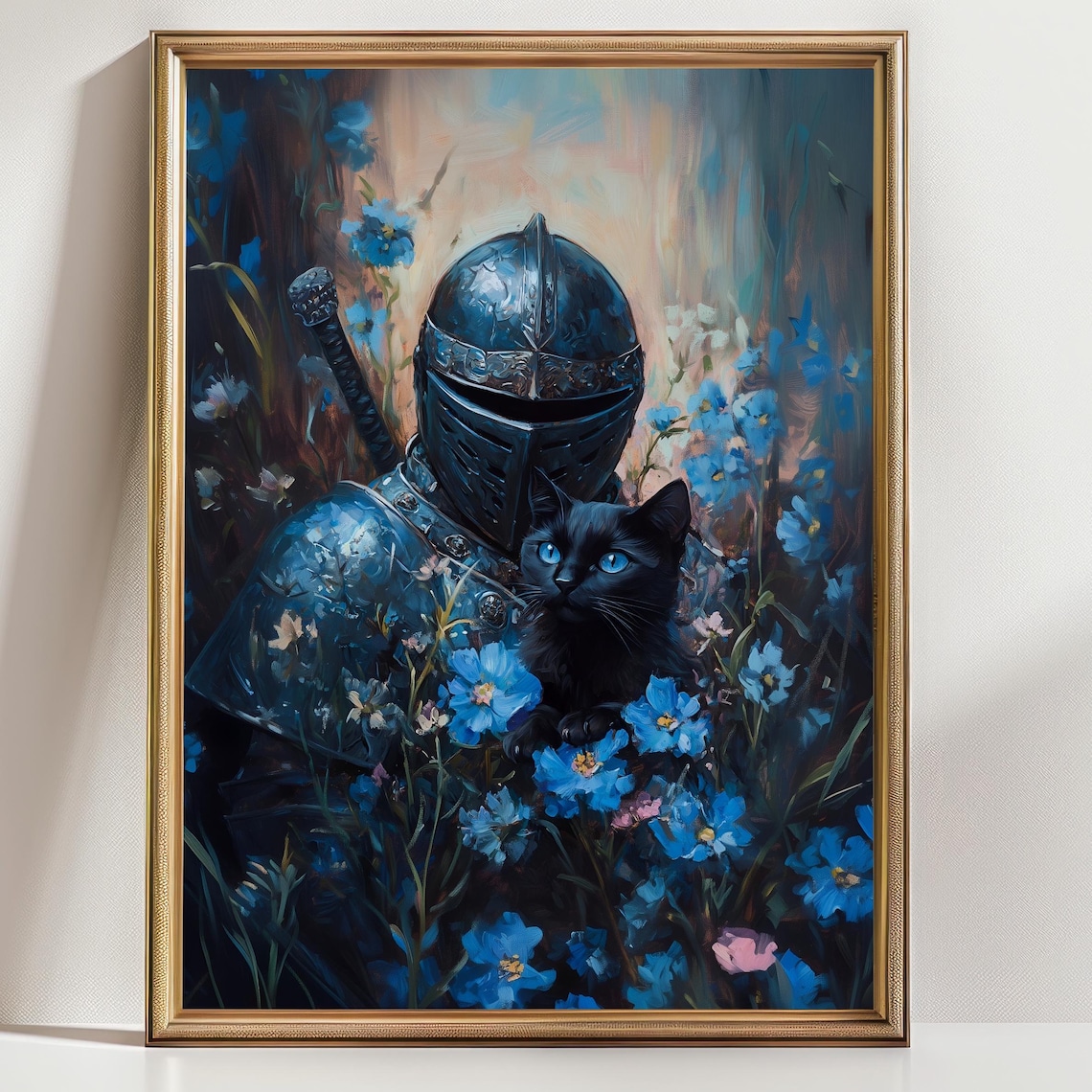Armored Knight With Black Cat Sword Blue Wildflowers Dusk Fantasy Art Print