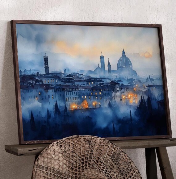 Florence Italy Misty Blue Evening Skyline Duomo Towers Travel Poster