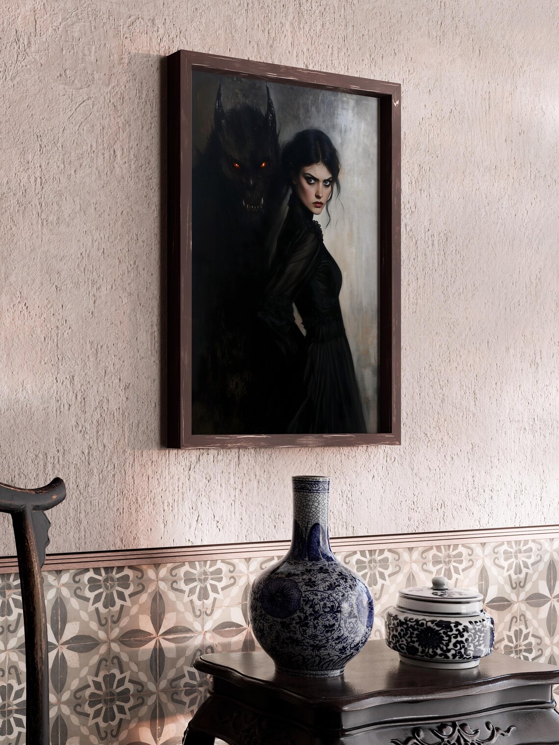 Dark Haired Beauty With Demon Beast Moody Victorian Gothic Art Poster - Image 2