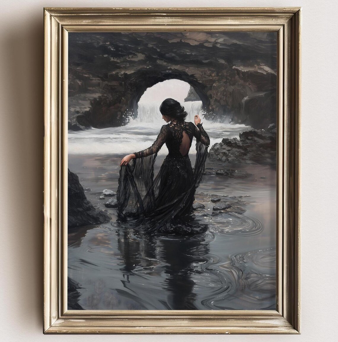 Woman Black Lace Gown Sea Cave Waterfall Dark Moody Ocean Painting Poster - Image 2