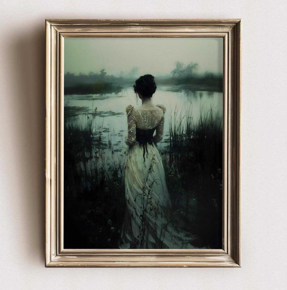 Victorian Woman White Gown Black Sash Back View Misty Lake Dark Print - Image 2