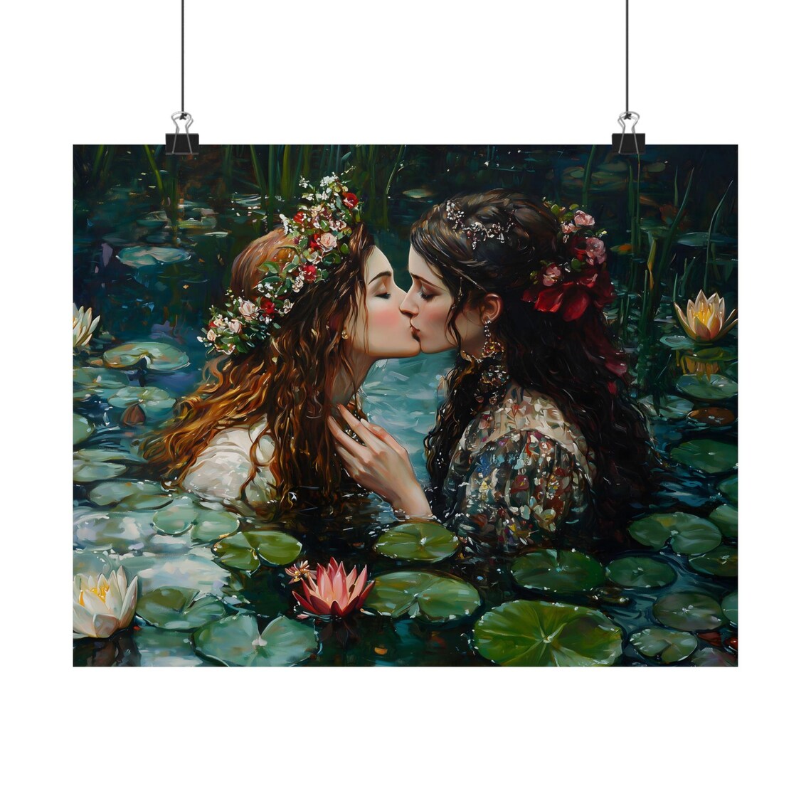 Love Queens Kissing Lily Pond Sapphic Romance Oil Painting Art Print - Image 2