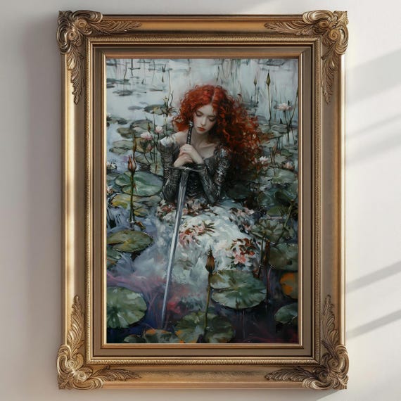 Female Knight Victorian Decor Dark Academia Print The Lake Goth Moody Victorian Wall Art Dark Decor Aesthetic Woman With Sword Print