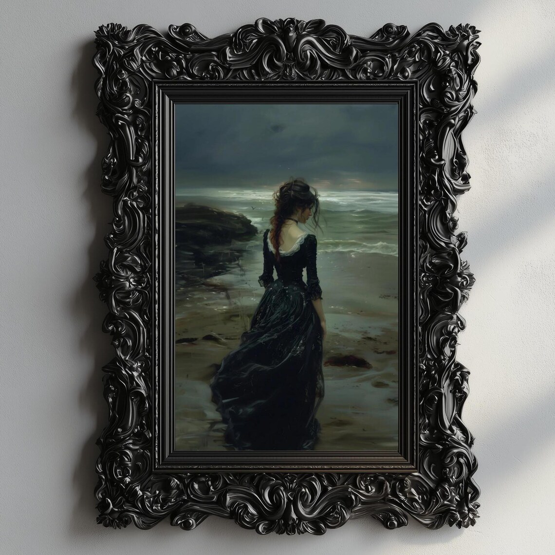 Woman Black Gown Stormy Shore Dark Sea Moody Gothic Painting Poster