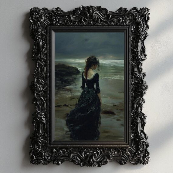 Woman Black Gown Stormy Shore Dark Sea Moody Gothic Painting Poster