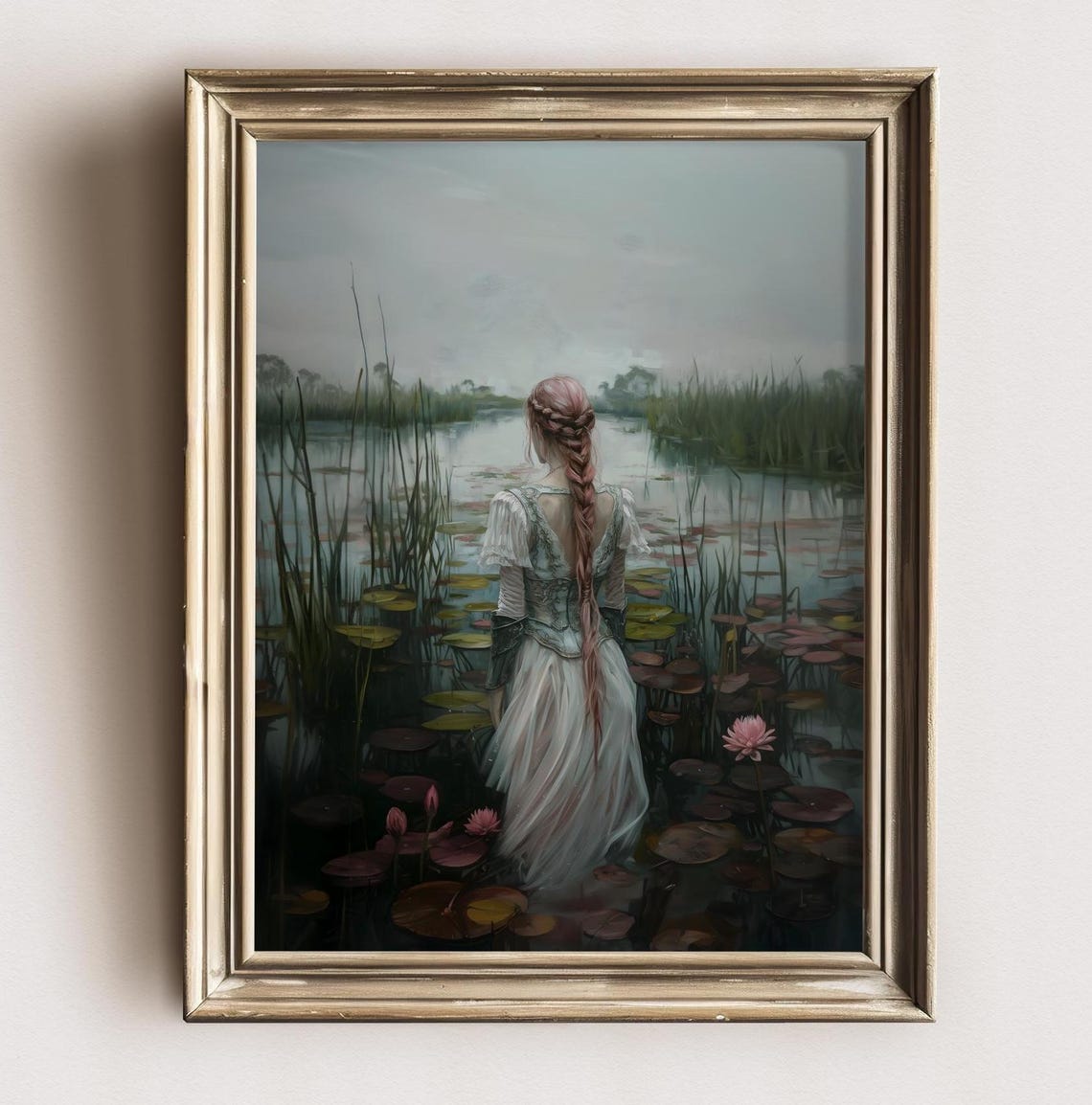 Braided Lady in White Gown Standing in Lily Pond View From Behind - Image 2