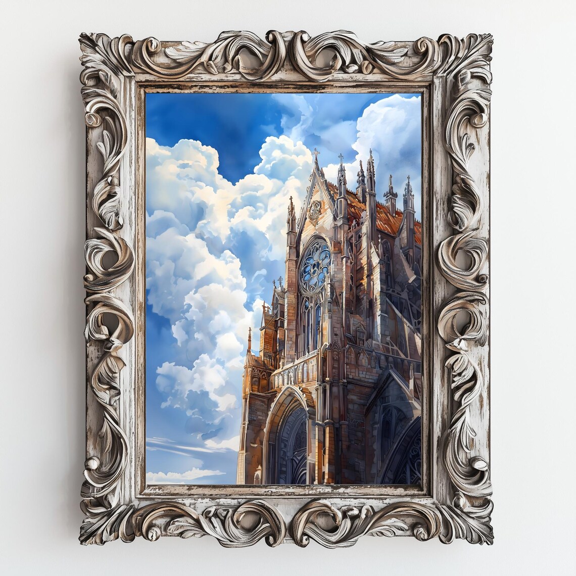 Gothic Cathedral Rose Window Facade Warm Sunlight Watercolor Travel Poster - Image 2