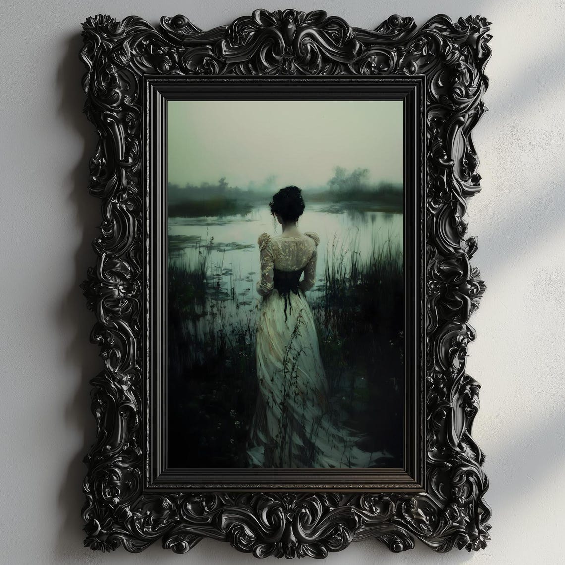 Victorian Woman White Gown Black Sash Back View Misty Lake Dark Print