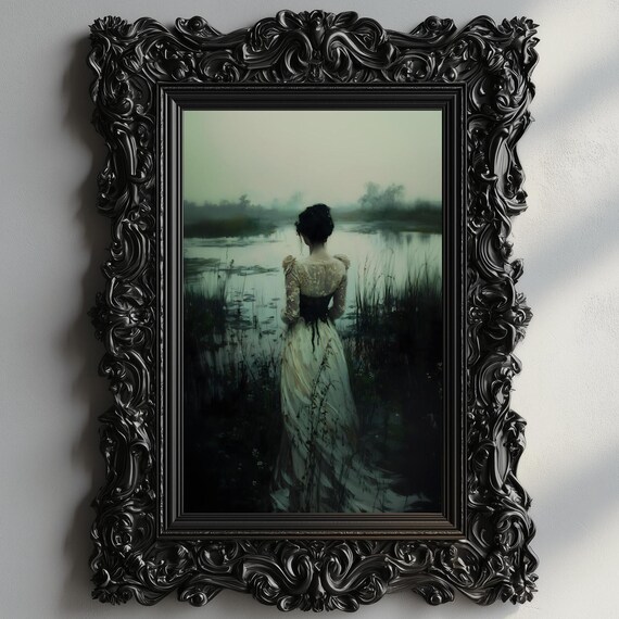 Victorian Woman White Gown Black Sash Back View Misty Lake Dark Print