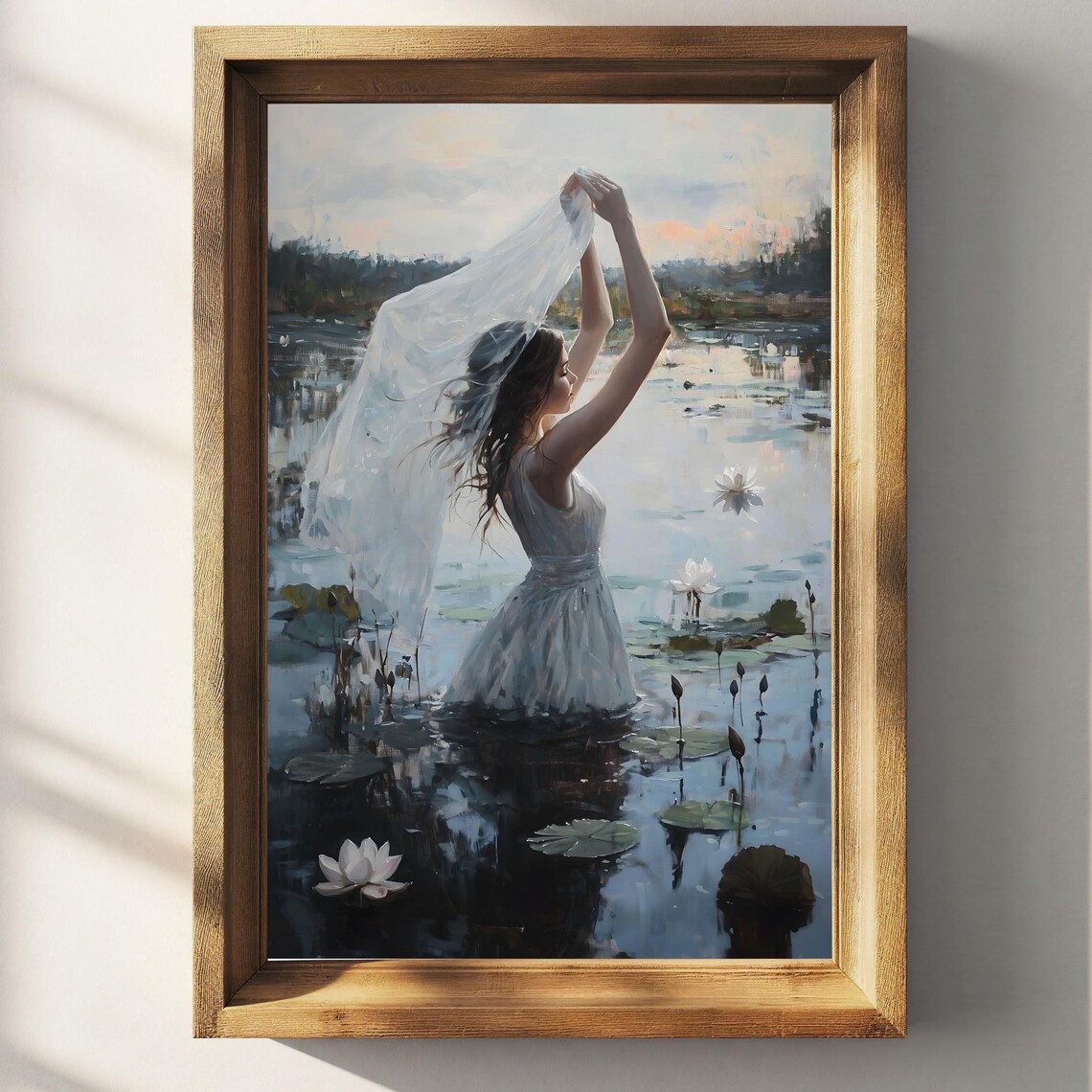 Woman White Dress Lily Pond Sheer Veil Sunrise Soft Romantic Poster - Image 2