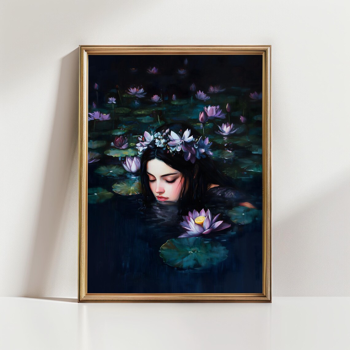 Woman With Flower Crown Floating In Night Lily Pond Dark Gothic Art Poster - Image 2