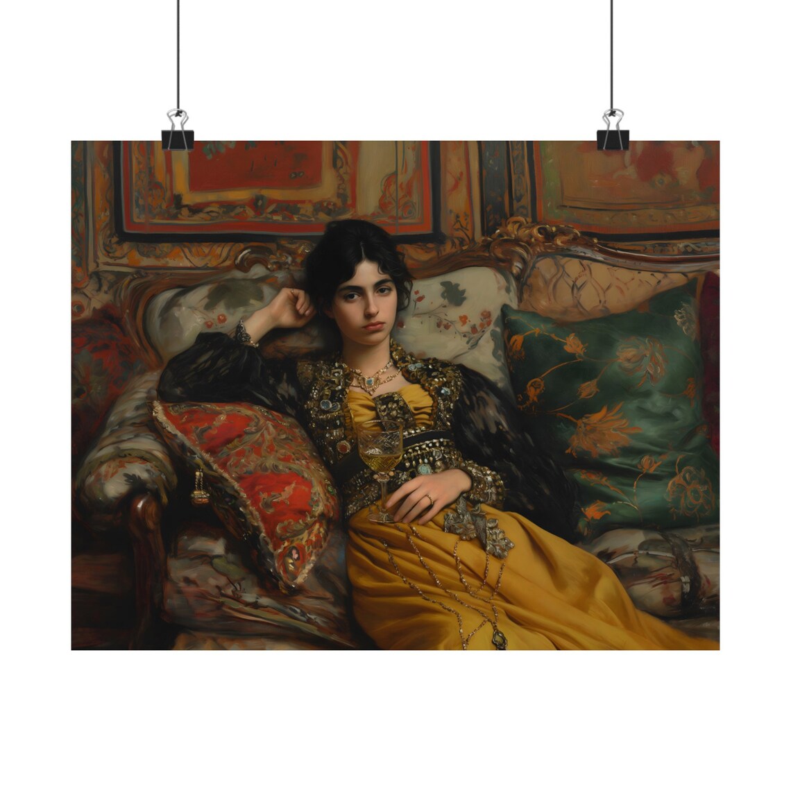 Golden Victorian Dress Woman Wine Glass Chaise Lounge Oil Painting Print - Image 3