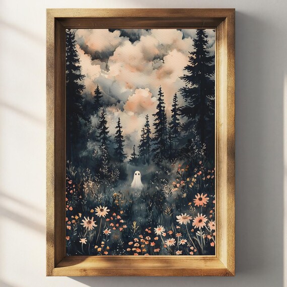 Cute Ghost In Dark Pine Forest Wildflower Meadow Dramatic Cloudy Sky Whimsical Poster