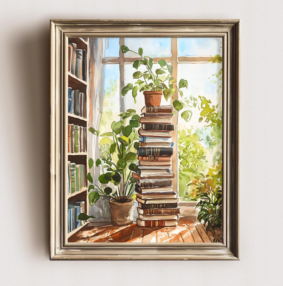 Sunny Reading Corner Book Stack Plants Watercolor Library Wall Art Print