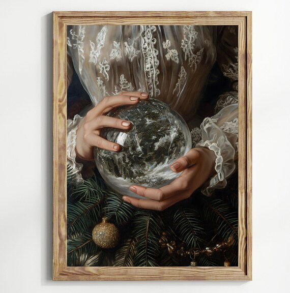 Christmas Crystal Ball Victorian Art Poster Print Moody Painting Vintage Woman Print Victorian Decor Wall Art Dark Moody Witchy Art